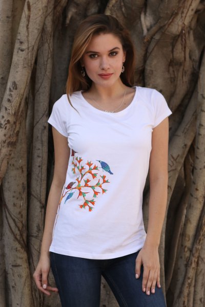 Cotton blend Madhubani t-shirt, Chirping Delight