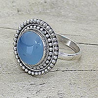 Blue chalcedony cocktail ring, 'Azure Skies' - Round Blue Chalcedony and Sterling Silver Cocktail Ring
