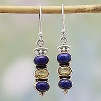 Citrine and lapis lazuli dangle earrings,