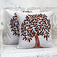 Cotton cushion covers, 'Summer Quiet' (pair) - Embroidered Cotton Cushion Covers Pumpkin Tree (Pair) India