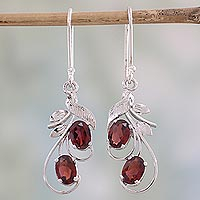 Garnet dangle earrings, 'Crimson Passion' - Handcrafted Garnet and Sterling Silver Dangle Earrings