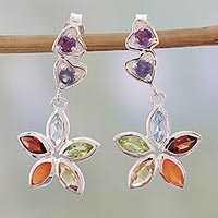 Multi-gemstone dangle earrings, 'Floral Hearts' - Multi Gemstone and Sterling Silver Floral Heart Earrings