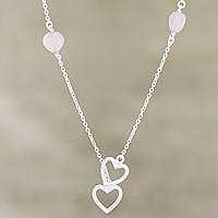 Rose onyx station necklace, 'Romantic Pink' - Rose Onyx and Sterling Silver Station Necklace with Hearts