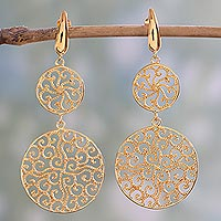 Gold plated sterling silver dangle earrings, 'Golden Waves' - 22k Gold Plated Sterling Silver Dangle Earrings from India