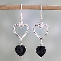 Onyx dangle earrings, 'Romance Hearts in Black' - Sterling Silver Black Onyx Heart Dangle Earrings from India