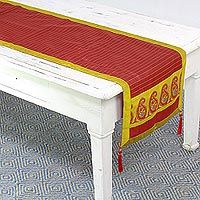 Silk table runner, 'Regal Holiday in Crimson' - Jacquard Silk Table Runner in Crimson and Honey from India