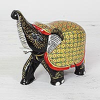 Wood figurine, 'Elephant Fortune' - Handcrafted Black Elephant Wood Figurine with Golden Coat