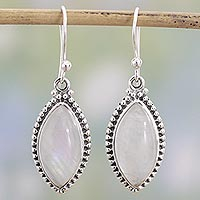 Rainbow moonstone dangle earrings, 'Rainbow Windows' - Indian Rainbow Moonstone and Sterling Silver Dangle Earrings