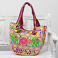 Embroidered tote handbag, 'Elephant Flower in Eggshell' - Floral Elephant Embroidered Tote Handbag from India