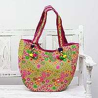 Embroidered tote handbag Paisley Flowers in Beige India