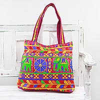 Embroidered tote handbag, 'Elephant Fantasies in Magenta' - Tote Handbag with Floral and Elephant Motifs from India