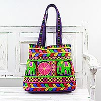 Embroidered tote handbag Elephant Fantasies in Iris India