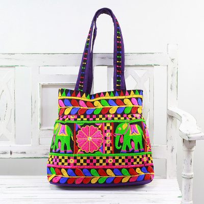 Embroidered tote handbag, 'Elephant Fantasies in Iris' - Embroidered Tote with Floral Elephant Motifs from India