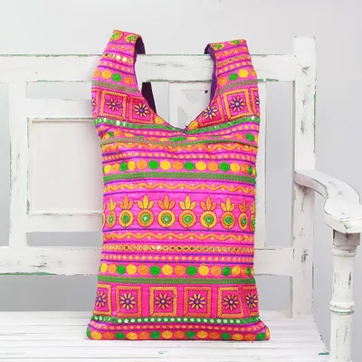 Embroidered sling bag, 'Sweet Happiness' - Bubblegum Pink Embroidered Sling Bag India Accessories