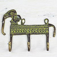 Brass coat rack, 'Helpful Elephant' - Antiqued Brass Indian Elephant Theme 3-Hook Coat Rack