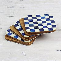 Bone coasters Blue Checkers set of 6 India