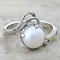 Cultured pearl single stone ring, 'Lyrical Bliss' - Artisan Crafted Cultured Pearl Single Stone Ring from India