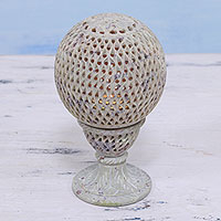 Soapstone candleholder, 'Past Reflections' - Artisan Crafted Jali Spherical Candleholder from India