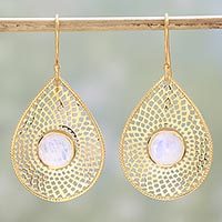 Gold plated rainbow moonstone dangle earrings,