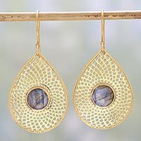 Gold plated labradorite dangle earrings,