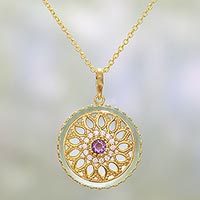 Gold plated amethyst and chalcedony pendant necklace,