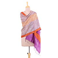 Tussar silk shawl, 'Magical Beehives' - 100% Indian Tussar Silk Shawl with Lavender Ginger Geometry