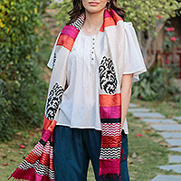 Tussar silk shawl, 'Kolkata Joy' - Hand Block Printed 100% Tussar Silk Shawl from India