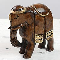 Wood sculpture, 'King of Elephants' - Hand Carved Kadam Wood Elephant Sculpture with Gold Tone