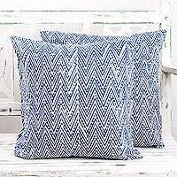 Cotton cushion covers Caribbean Blue Zigzags pair India
