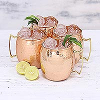 Copper mugs, 'Tavern Style' (set of 4) - Set of Four Hand Crafted Copper and Brass Mugs from India