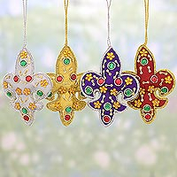 Ornaments, 'Colorful Fleur de Lis' (set of 4) - Set of Four Multicolored Fleur de Lis Ornaments from India