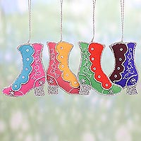 Beaded ornaments, 'Colorful Boots' (set of 4) - Set of Four Beaded Embroidered Boot Ornaments from India