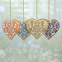 Beaded ornaments, 'Colorful Hearts' (set of 4) - 4 Heart Shaped Multicolored Embroidered Ornaments from India