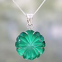 Onyx pendant necklace, 'Green Petals' - Green Onyx and Silver Floral Pendant Necklace from India