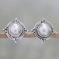 Cultured pearl button earrings, 'Morning Crowns' - Cultured Pearl and Sterling Silver Earrings from India