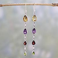 Multi-gemstone dangle earrings, 'Dazzling Drops' - Multi-Gem Citrine Amethyst Garnet and Peridot Earrings