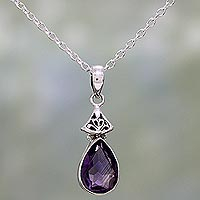 Amethyst pendant necklace, 'Lavender Drop' - Faceted Amethyst and Sterling Silver Necklace from India