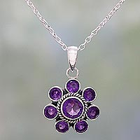 Amethyst pendant necklace, 'Morning Glitter in Purple' - Amethyst and Sterling Silver Pendant Necklace from India