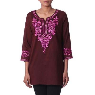 Cotton tunic, 'Flower Chase' - Brown Cotton Tunic Top with Pink Floral Embroidery