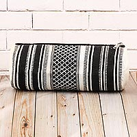 Handwoven cotton travel case, 'Adventure in Black' - Black and White Hand Woven Cotton Cosmetic Case from India