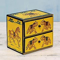 Wood mini chest of drawers Exuberant Elephants in Yellow India