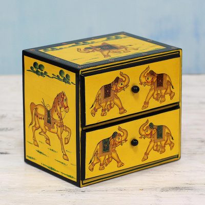 Wood mini chest of drawers Exuberant Elephants in Yellow
