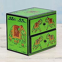 Wood mini chest of drawers Exuberant Elephants in Green India