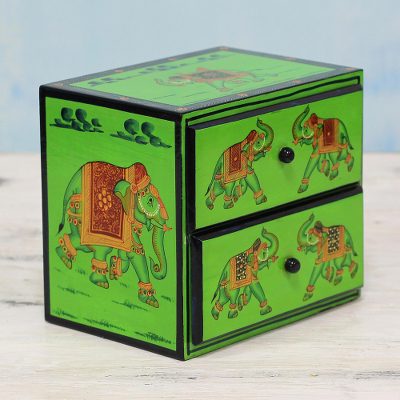 Wood mini chest of drawers Exuberant Elephants in Green