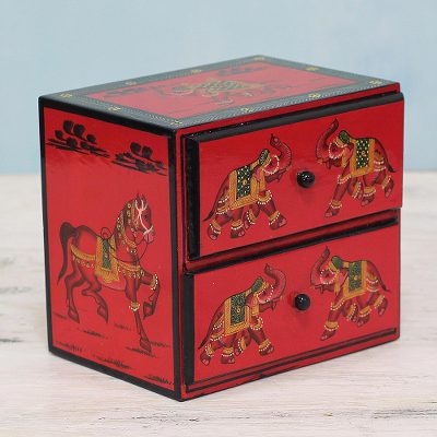 Wood mini chest of drawers Exuberant Elephants in Red