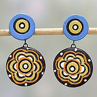 Ceramic dangle earrings, 'Floral Eyes' - Hand-Painted Floral Ceramic Dangle Earrings from India