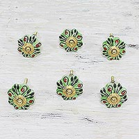 Ceramic knobs, 'Verdant Petals' (set of 6) - Six Hand Painted Ceramic Floral Knobs in Green from India