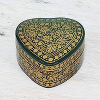 Papier mache decorative box, 'Royal Viridescence' - Green and Gold Decorative Papier Mache Box from India