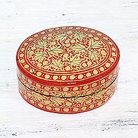 Papier mache decorative box, 'Serene Vermilion' - Gold and Red Papier Mache Decorative Box from India