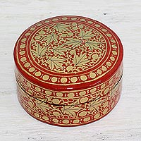 Papier mache decorative box, 'Alluring Vermilion' - Gold and Red Papier Mache Decorative Box from India